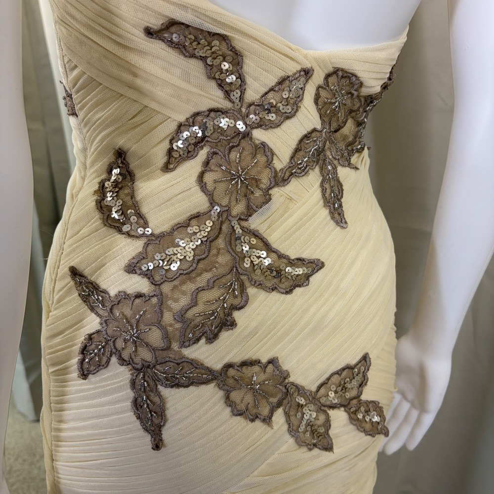Sue Wong One Shoulder Cream Champagne Sequin Lace Pleated Cocktail Mini Dress - Picture 6 of 9